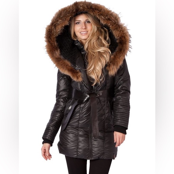 RUDSAK WINTER JACKET COAT Down Insulated Black Leather Trim Raccoon Fur Puffer S - Picture 2 of 12